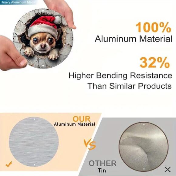 Brown Chihuahua Puppy in Christmas Cap Tin Metal Sign • Round 8x8in •Home Garage - Picture 4 of 8